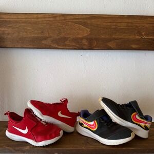 Nike Kids 2PC Sneaker Bundle Flex Runner Red Star Runner‎ 3 Black Flame 12C